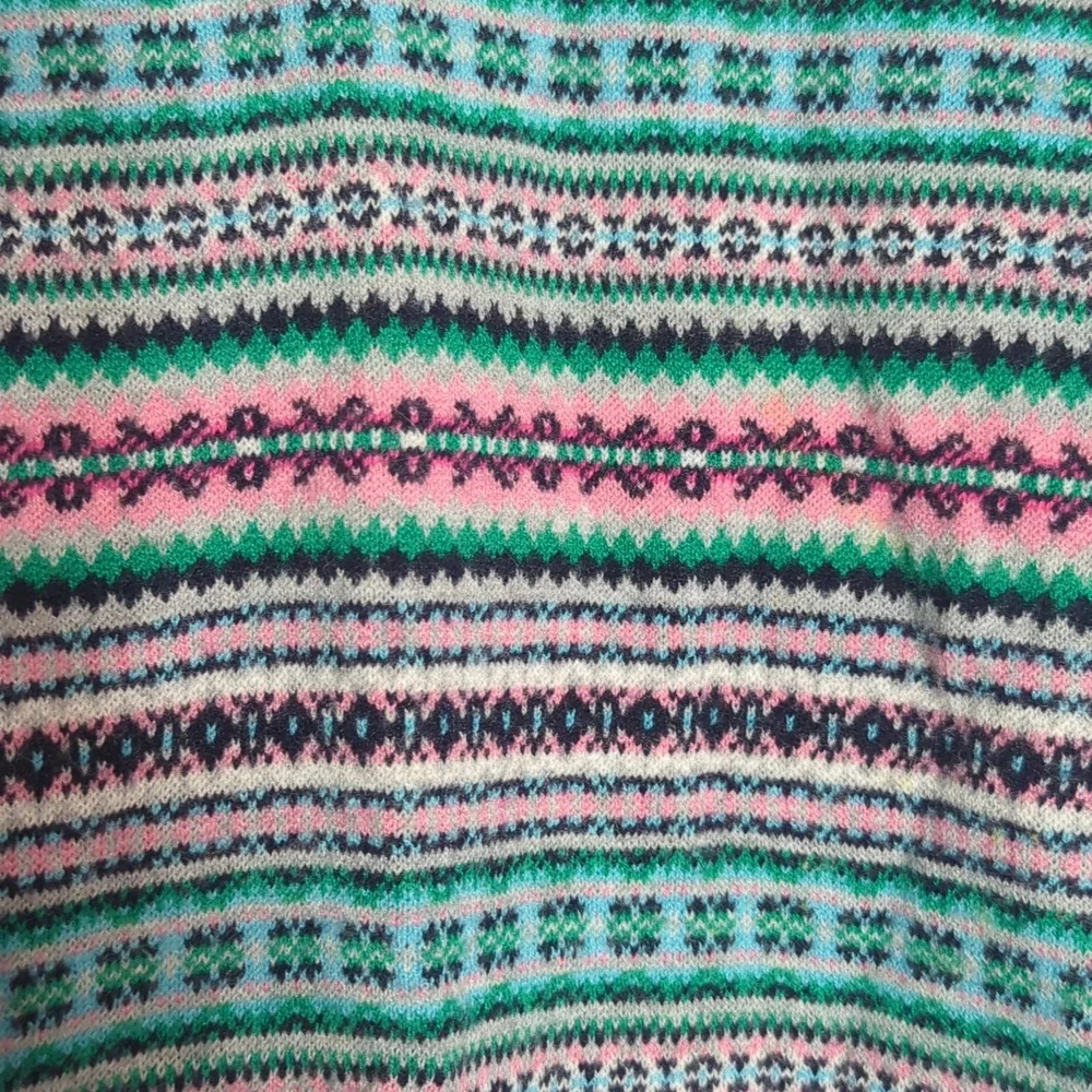Talbots Womens Sweater Fair Isle Multi-color Striped Lambs Wool Pink Green Large
